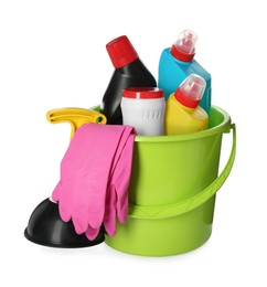 Photo of Bucket with different toilet cleaning tools on white background
