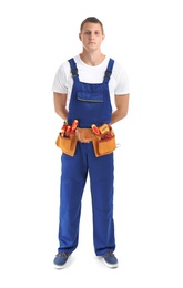 Photo of Electrician with tools wearing uniform on white background