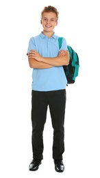 Photo of Happy boy in school uniform on white background