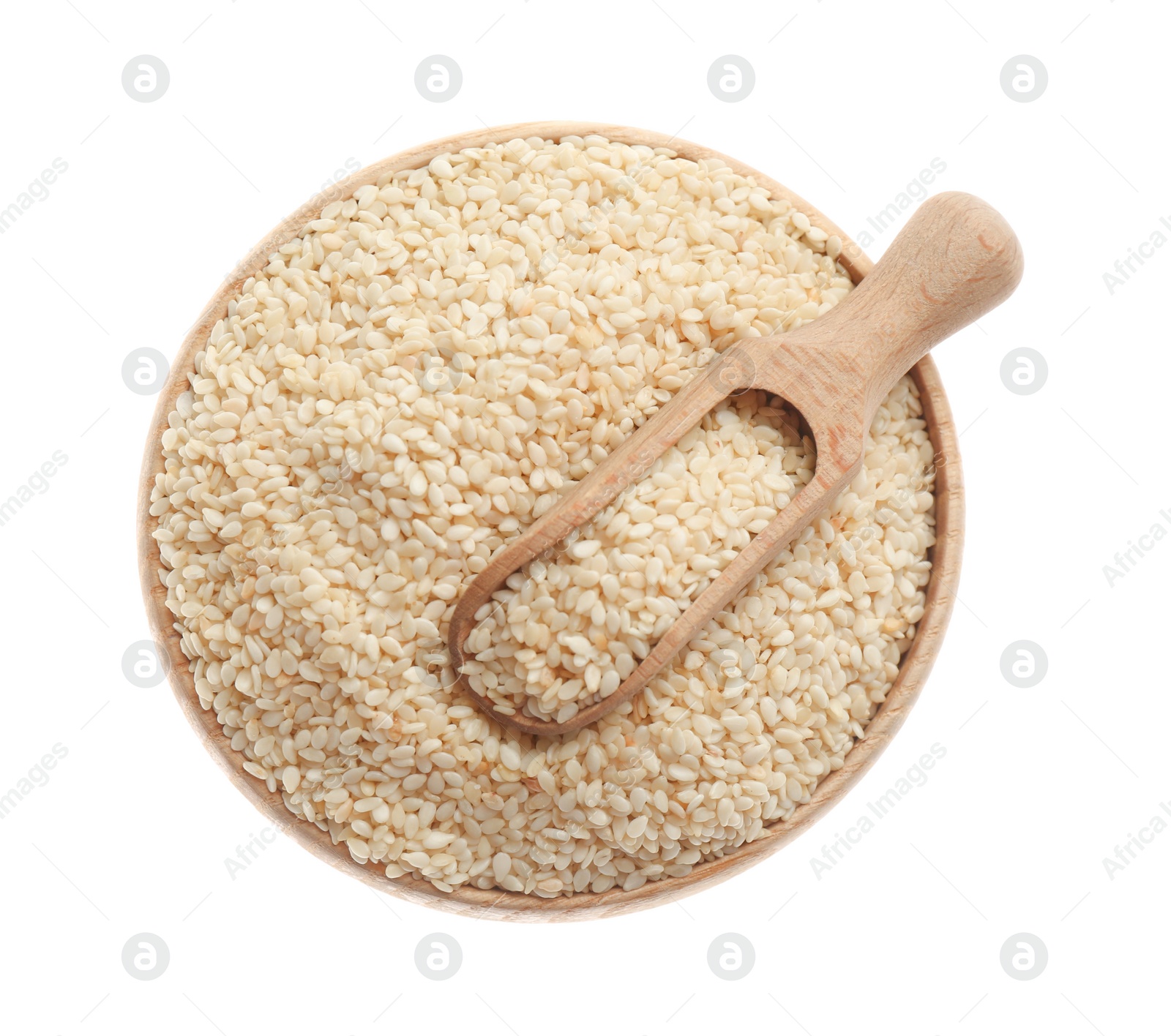 Photo of Bowl and scoop with sesame seeds on white background, top view