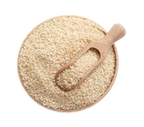 Bowl and scoop with sesame seeds on white background, top view