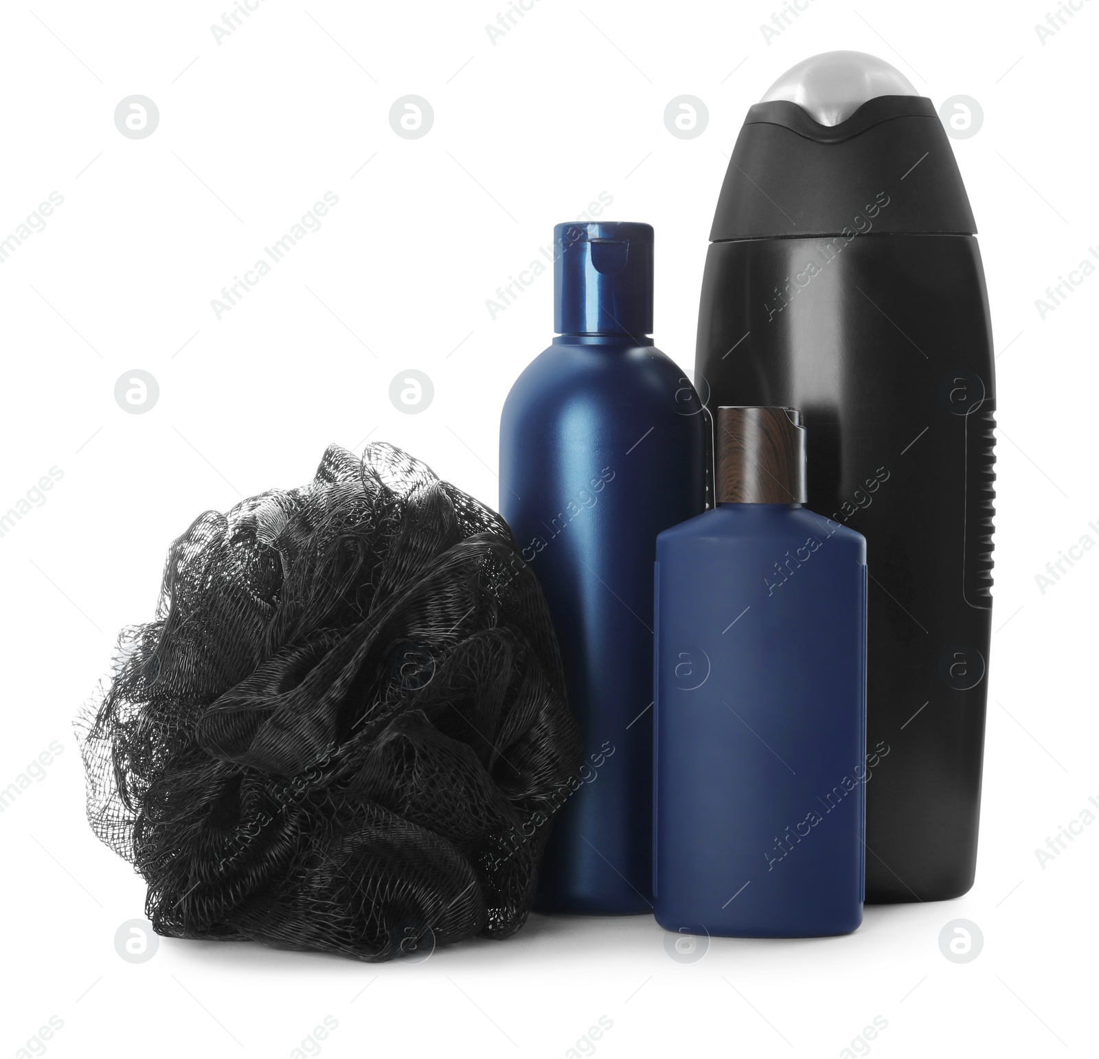 Photo of Personal hygiene products and shower puff on white background