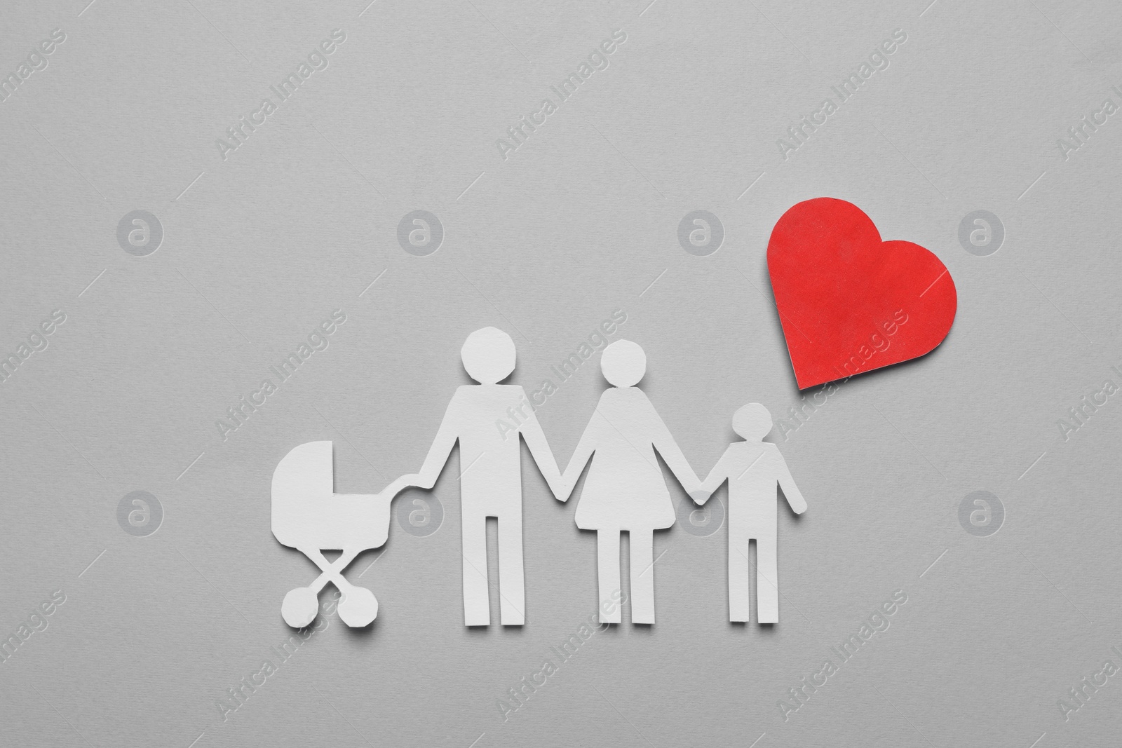 Photo of Paper family cutout and red heart on grey background, flat lay. Insurance concept