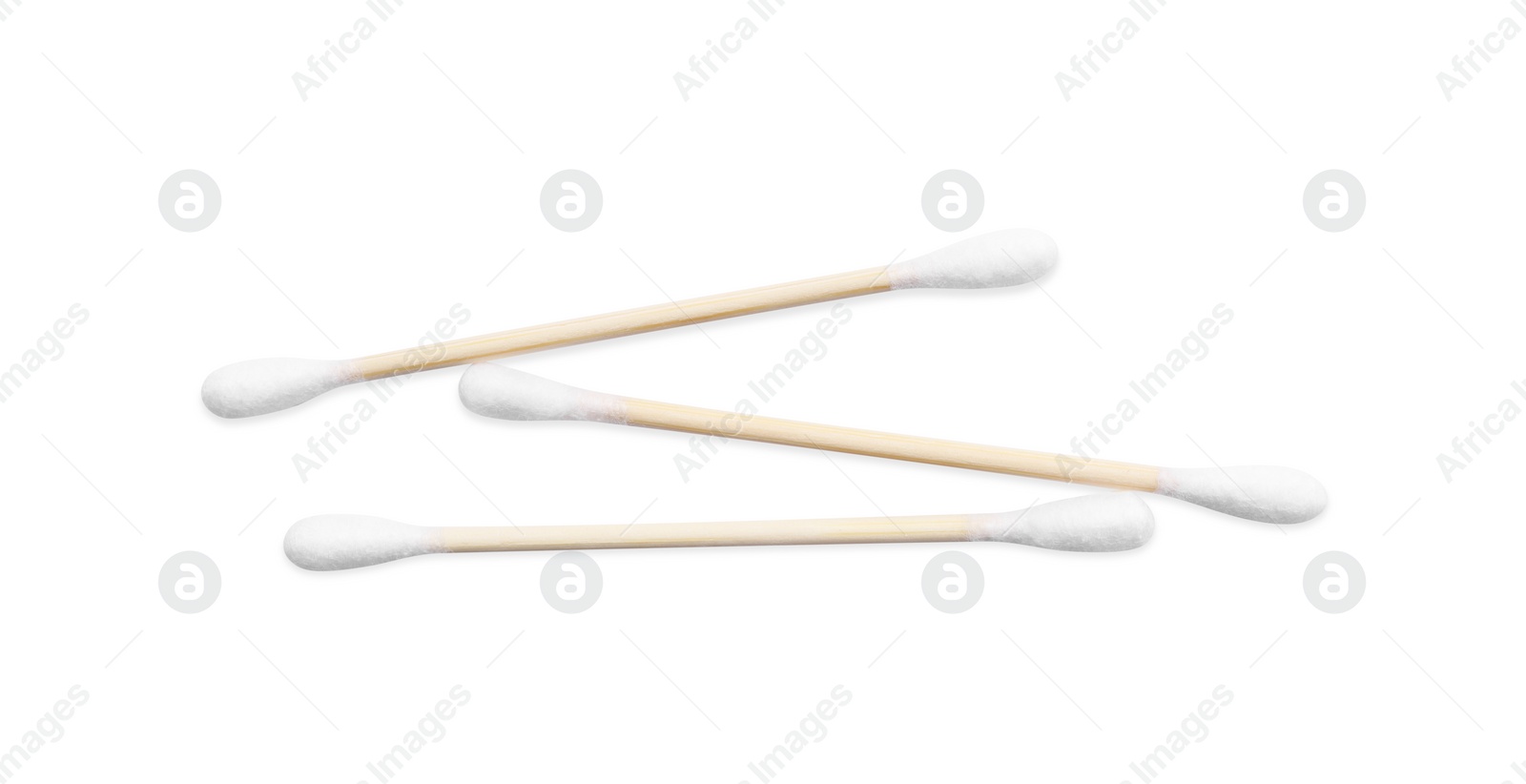 Photo of Wooden cotton buds on white background, top view