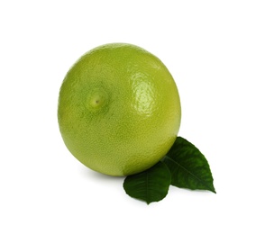 Photo of Fresh ripe sweetie fruit with green leaves isolated on white