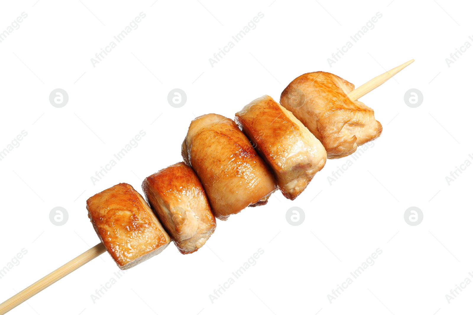 Photo of Delicious chicken shish kebab on white background