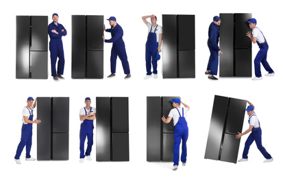 Image of Collage of workers carrying refrigerators on white background. Banner design 