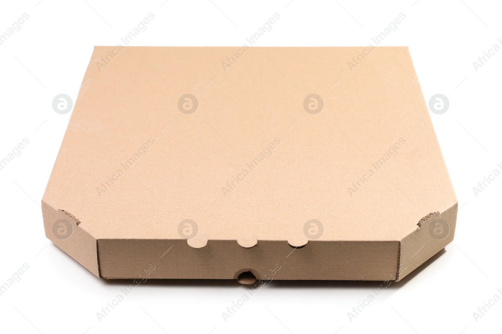 Photo of Cardboard pizza box on white background. Mockup for design