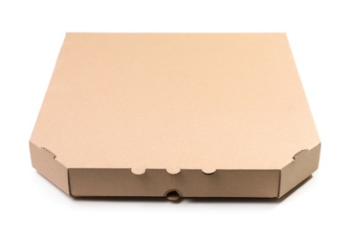 Cardboard pizza box on white background. Mockup for design