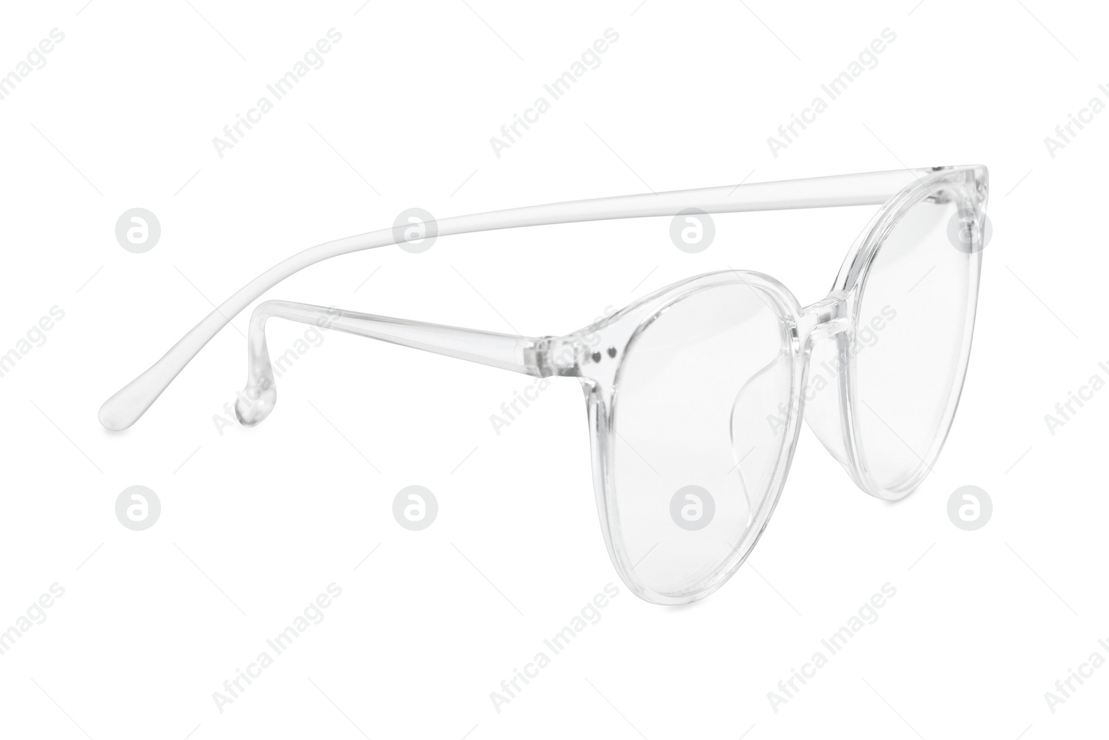 Photo of Stylish glasses with transparent frame isolated on white