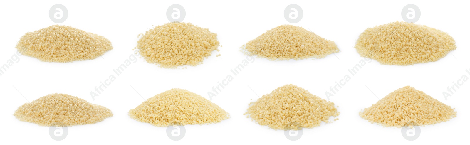 Image of Collage with raw couscous on white background