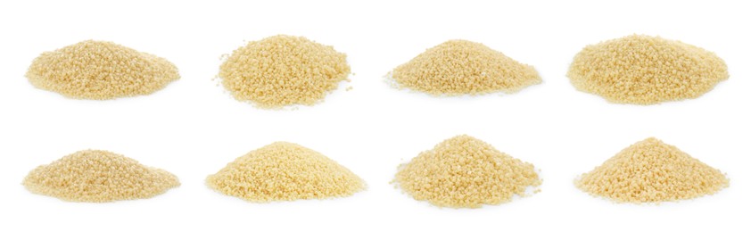 Image of Collage with raw couscous on white background