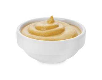 Photo of Fresh mustard sauce in bowl isolated on white