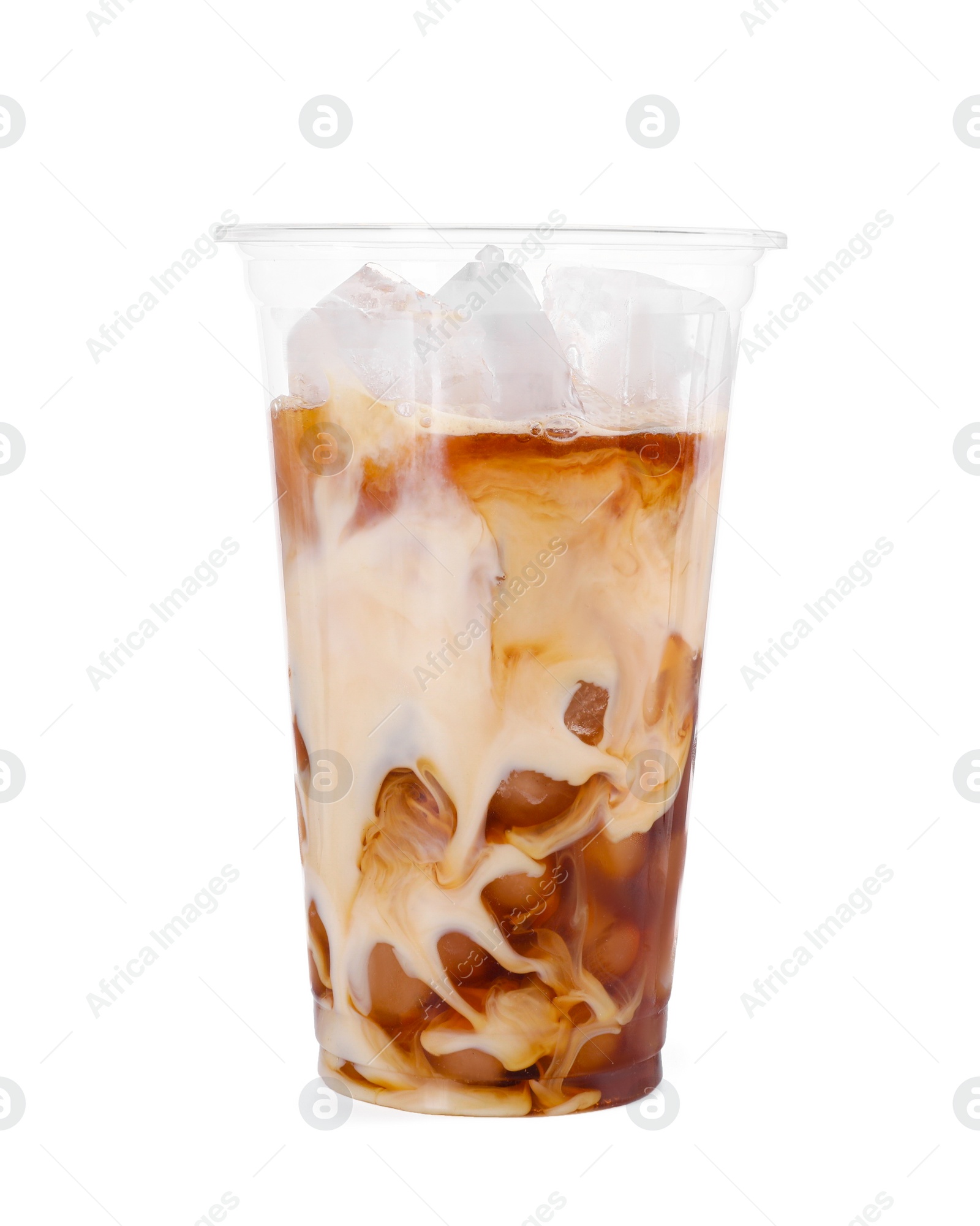 Photo of Plastic cup of fresh iced coffee isolated on white