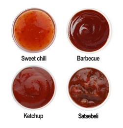 Set of different sauces in bowls and names isolated on white, top view