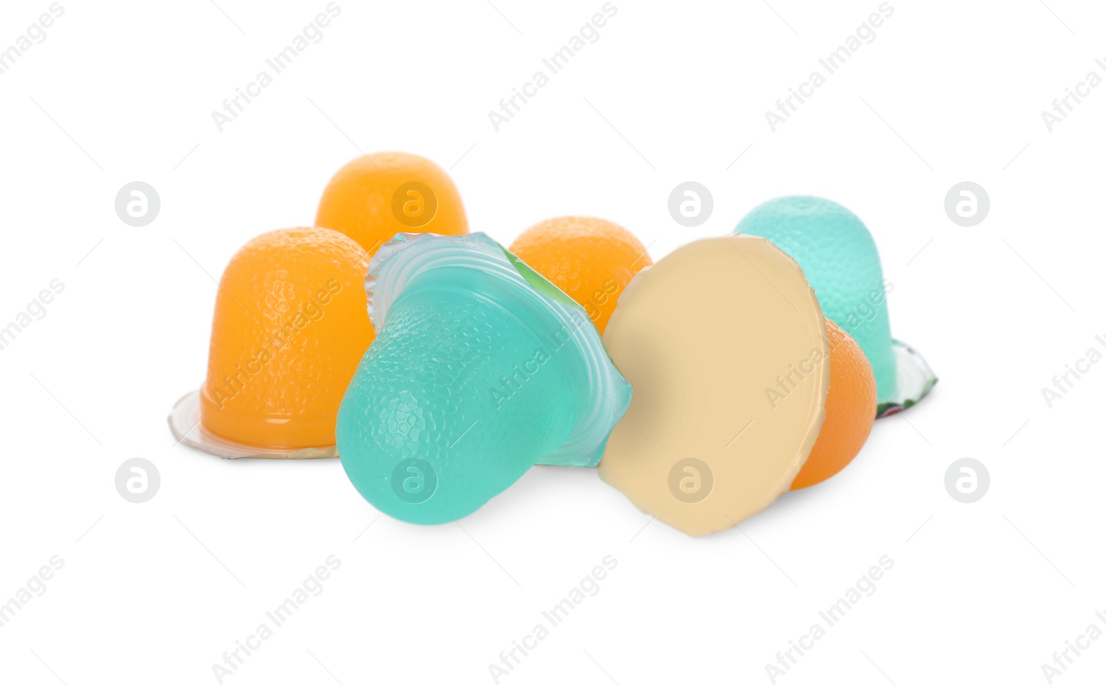 Photo of Tasty bright jelly cups on white background