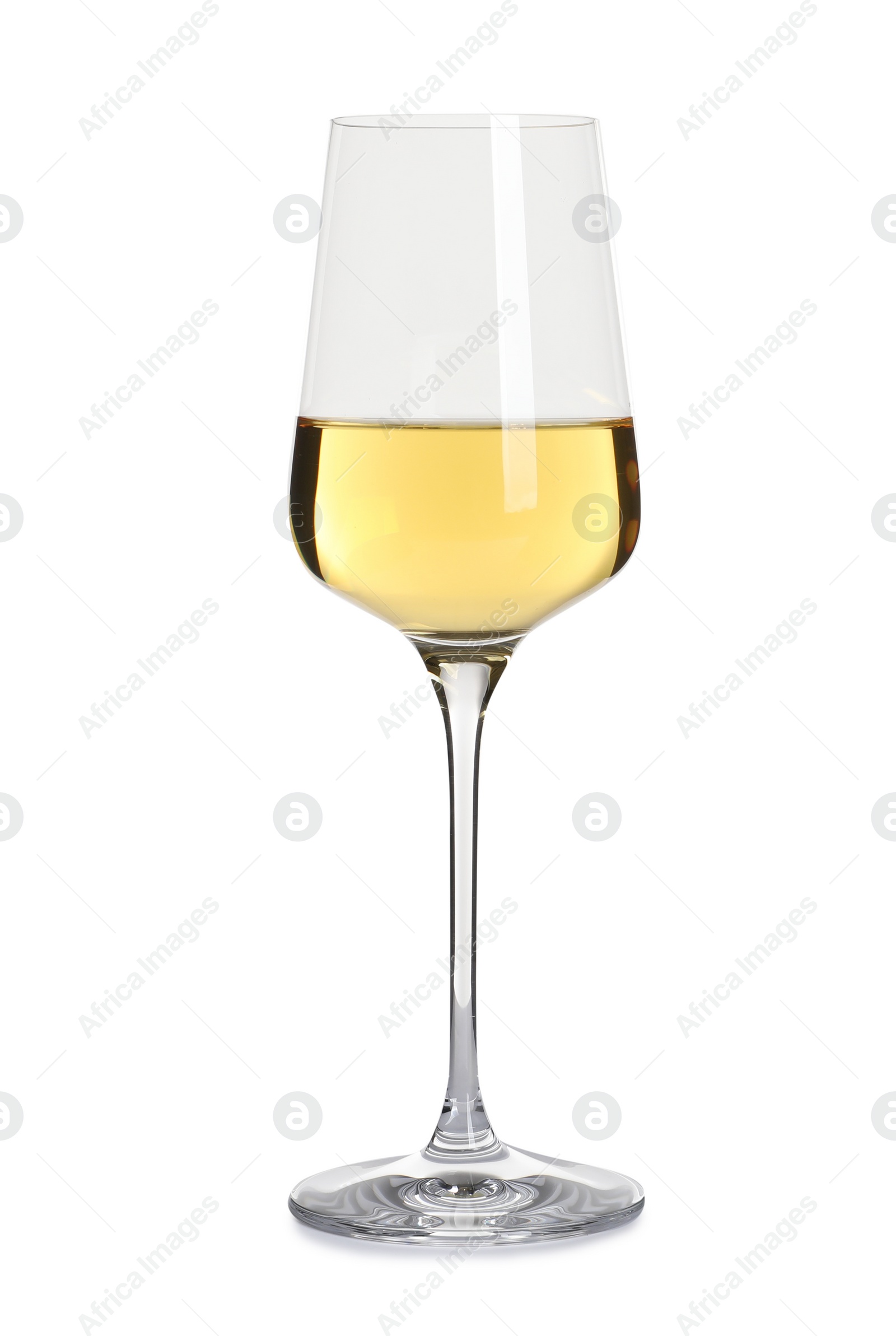 Photo of Glass of delicious expensive wine on white background