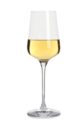 Photo of Glass of delicious expensive wine on white background