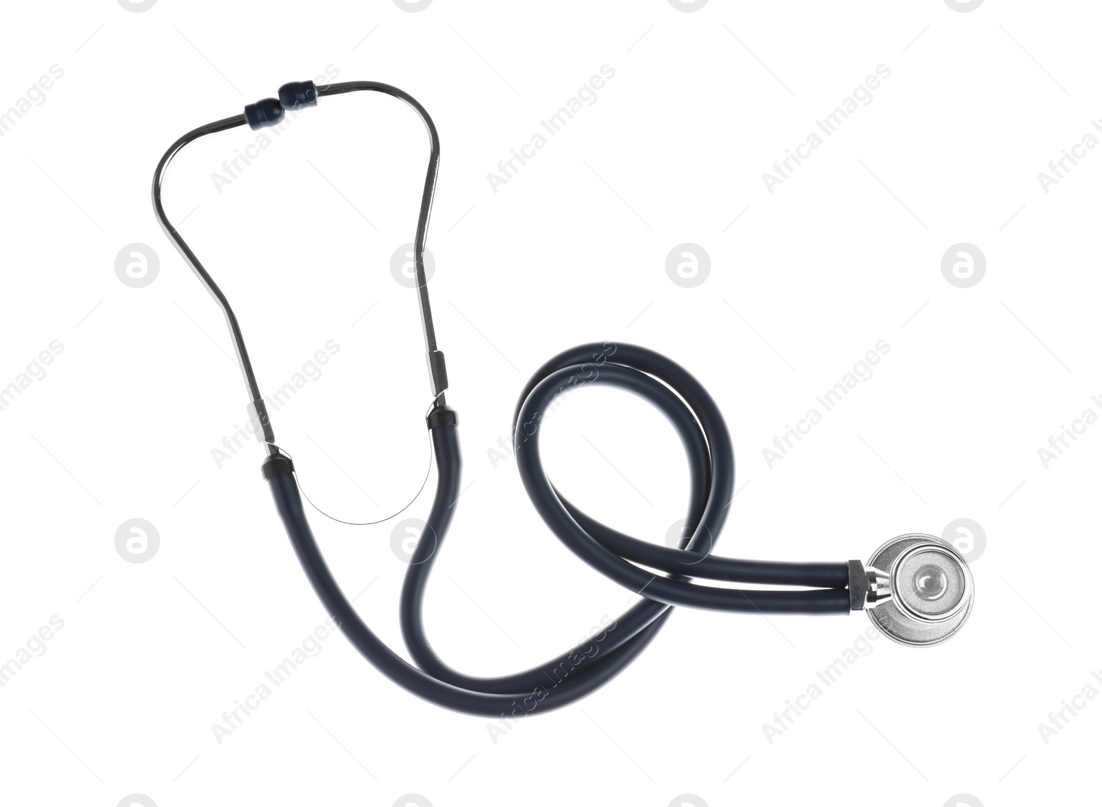 Photo of Stethoscope on white background, top view. Medical device