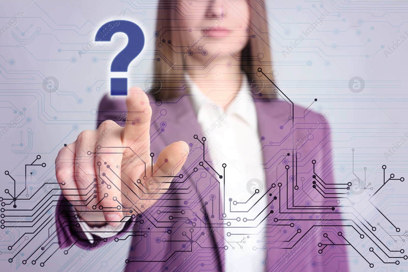 Image of Woman using virtual screen with question mark symbol and scheme, closeup