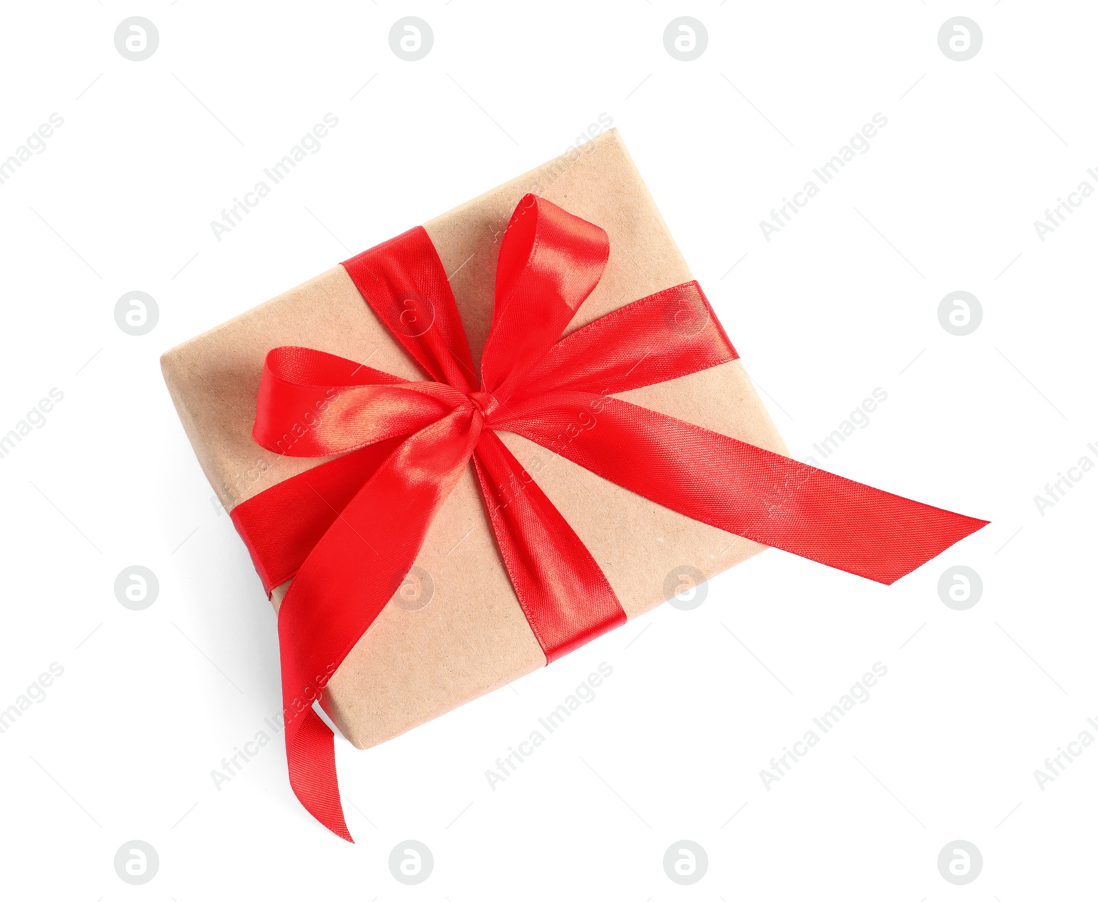 Photo of Beautifully wrapped gift box on white background, top view