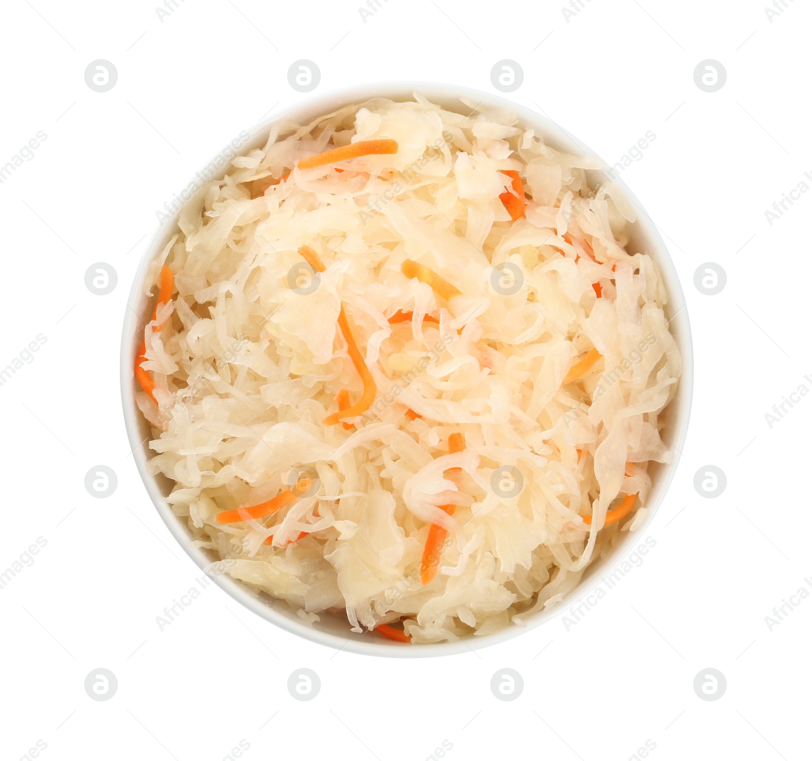 Photo of Bowl of tasty sauerkraut with carrot on white background, top view