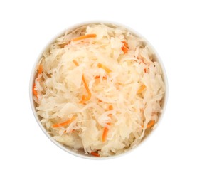 Photo of Bowl of tasty sauerkraut with carrot on white background, top view