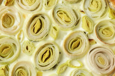 Photo of Tasty leek pie as background, top view