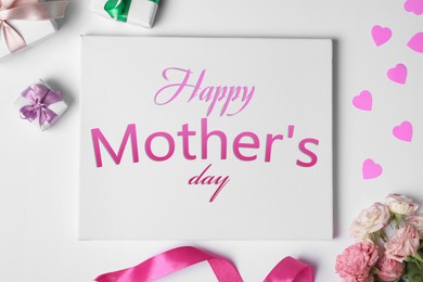 Image of Happy Mother's Day greeting card, gift boxes and beautiful flowers on white background, flat lay