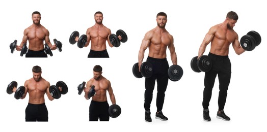 Image of Handsome bodybuilder training on white background, set of photos