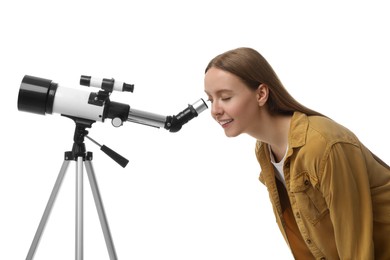 Photo of Young astronomer looking at stars through telescope on white background