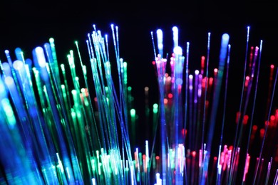 Optical fiber strands transmitting different color lights on black background, closeup