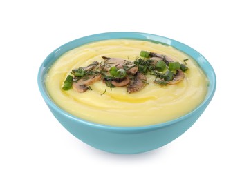 Photo of Bowl of tasty cream soup with mushrooms, green onions and dill isolated on white