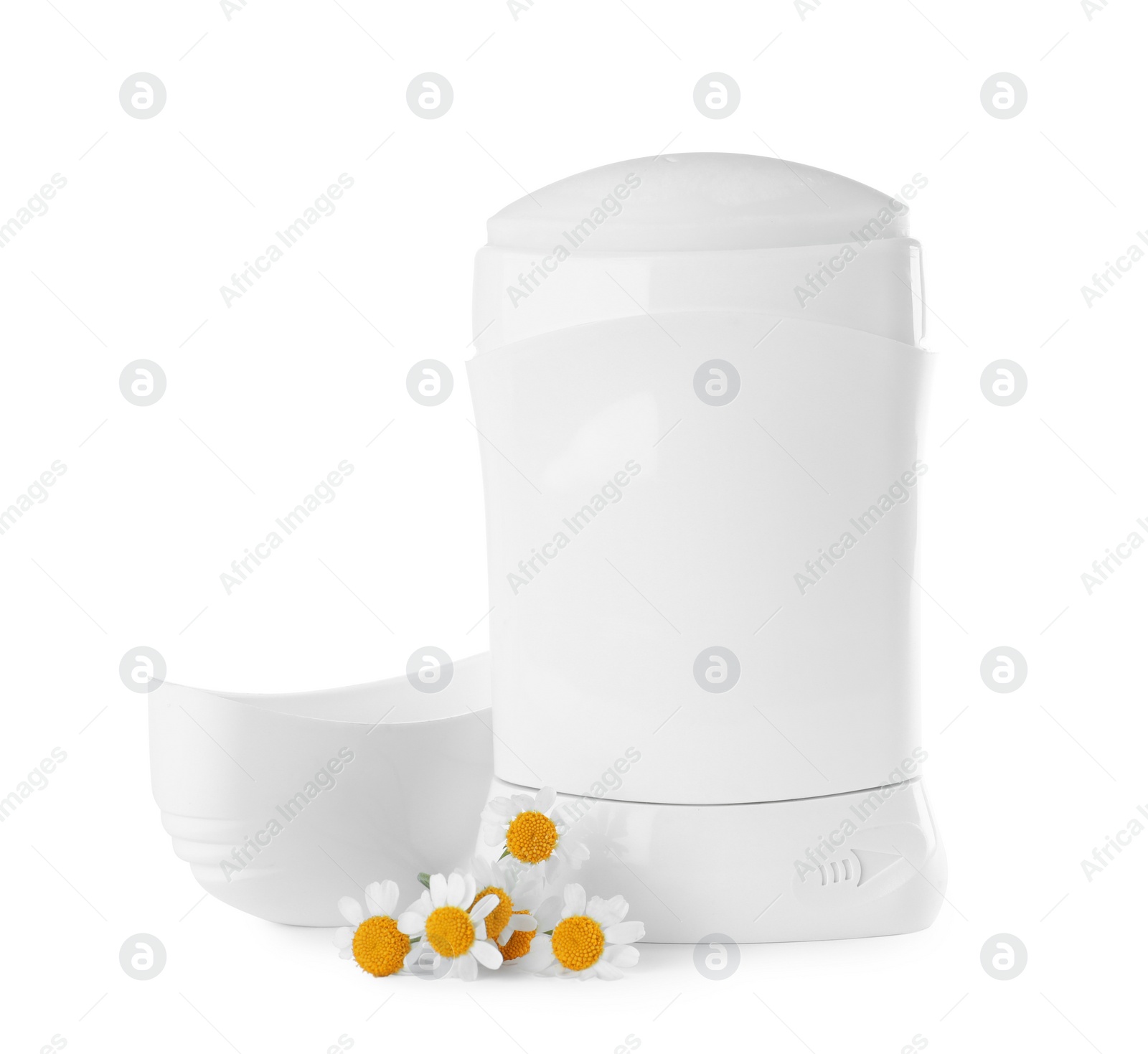Photo of Natural deodorant with chamomile flowers on white background