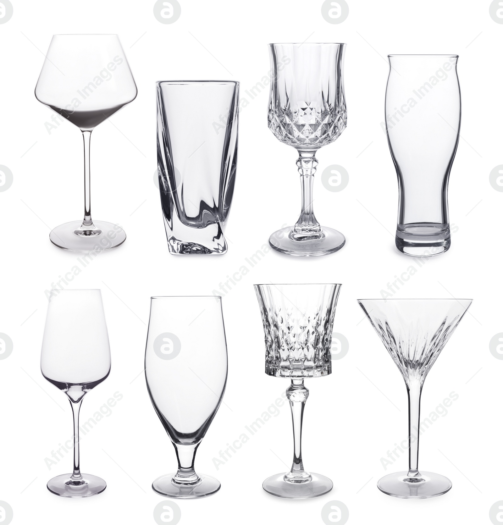 Image of Collage with different empty glasses on white background