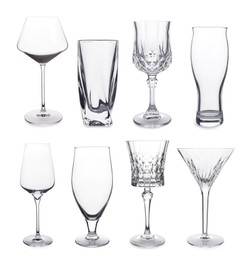 Image of Collage with different empty glasses on white background