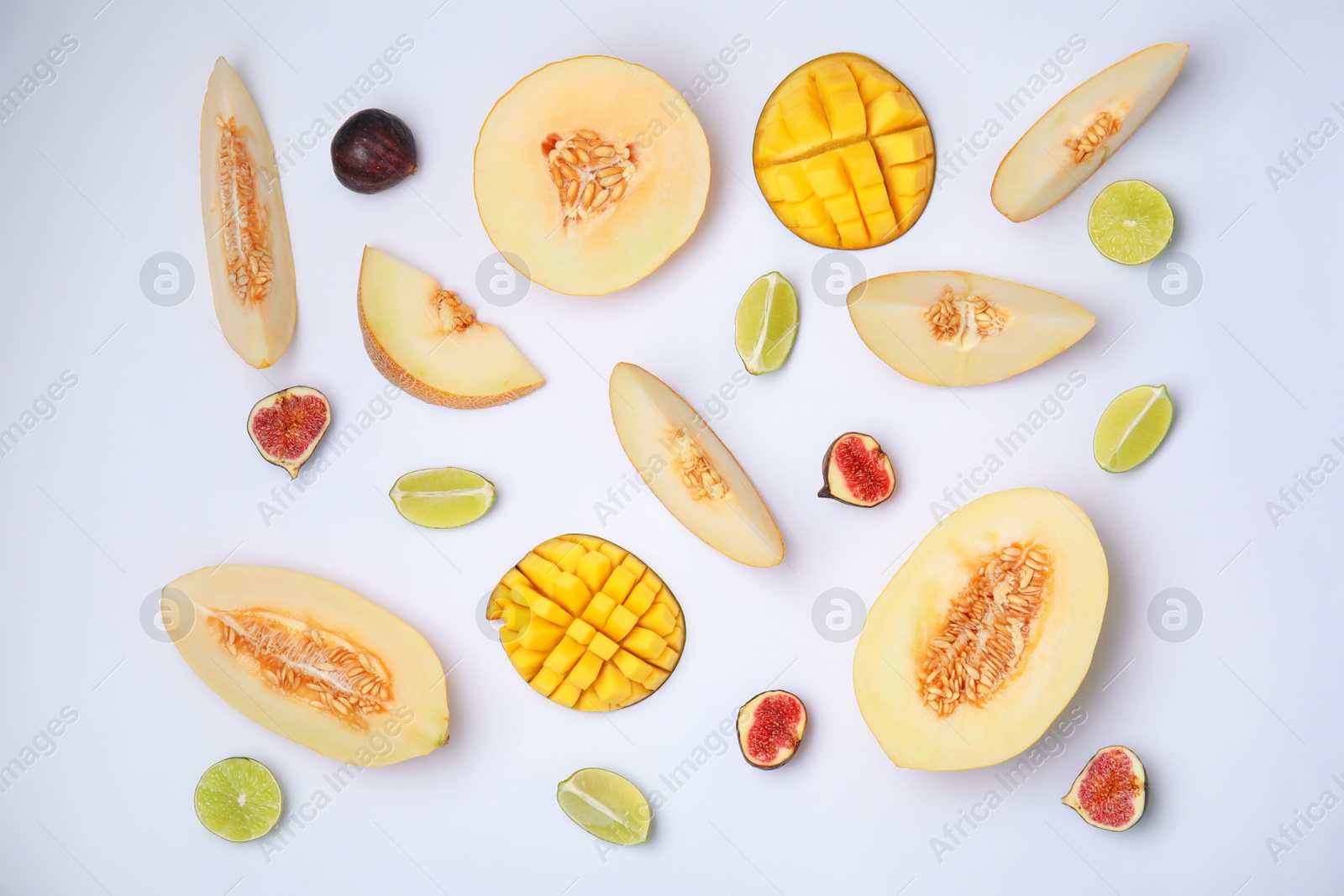 Photo of Flat lay composition with melon and other fruits on white background