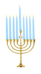 Photo of Menorah with burning candles isolated on white. Hanukkah symbol