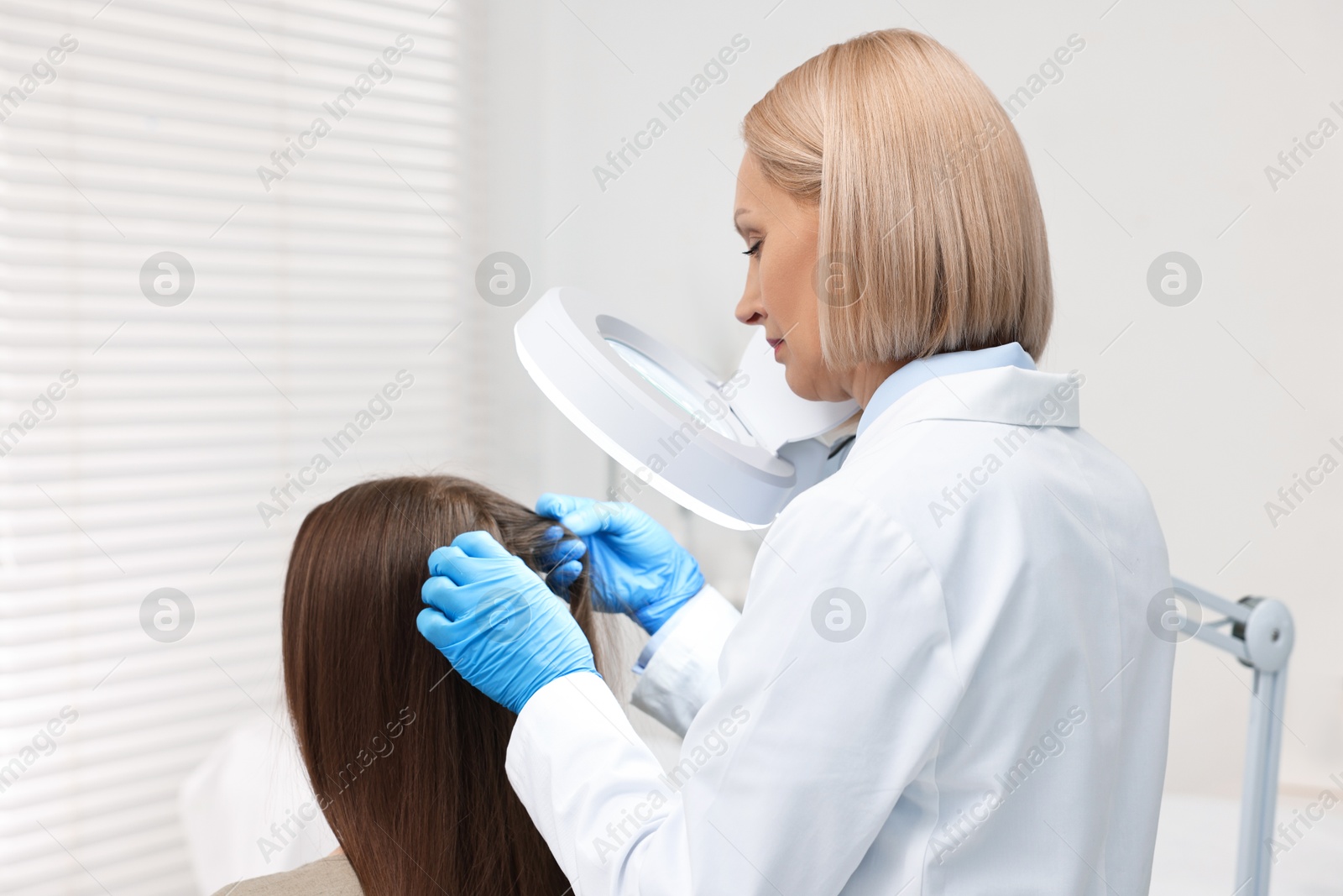 Photo of Trichologist examining patient`s hair under lamp in clinic