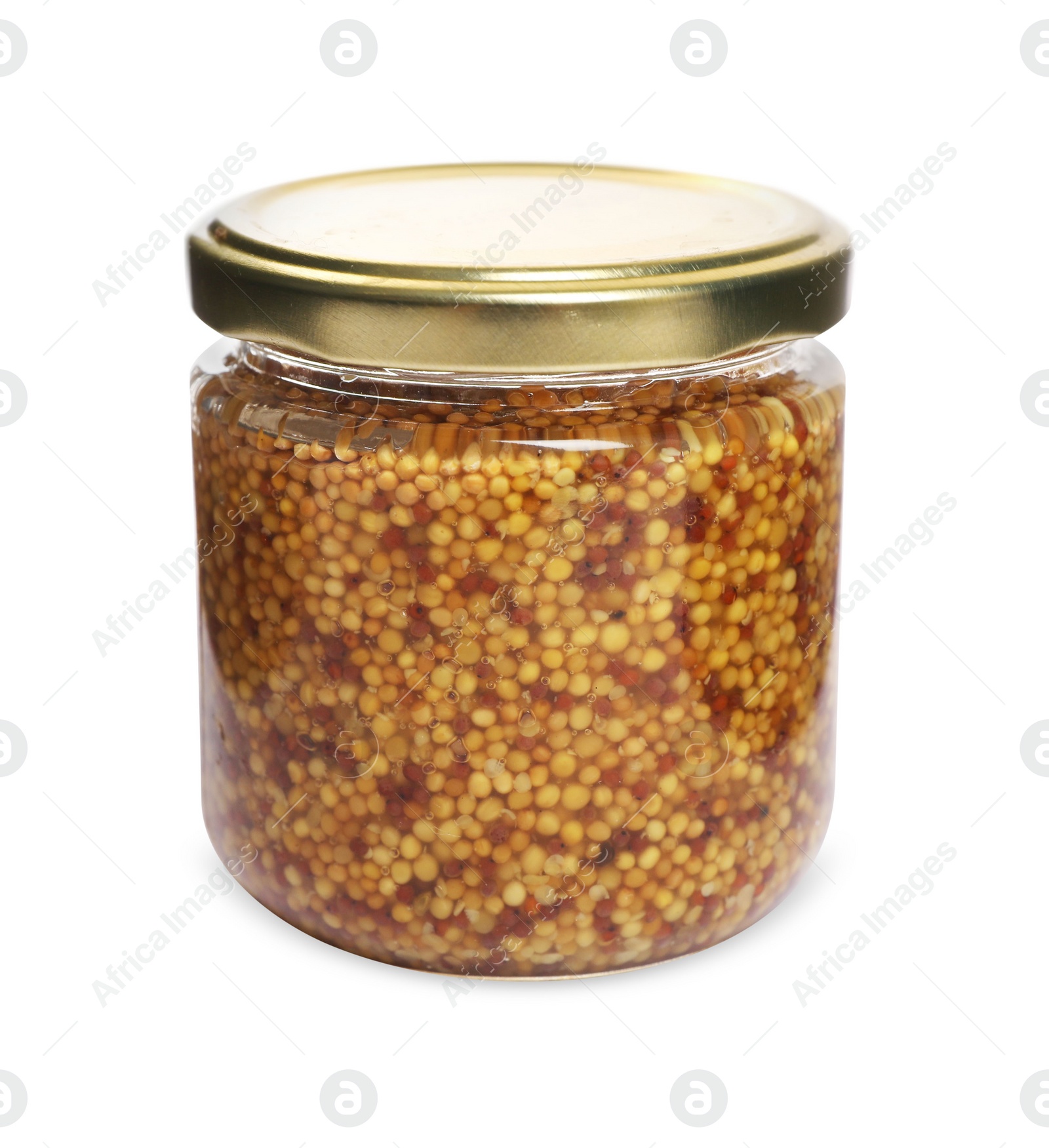 Photo of Jar of whole grain mustard on white background