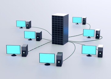 Illustration of Computers connected with server on light background, illustration. Multi-user system