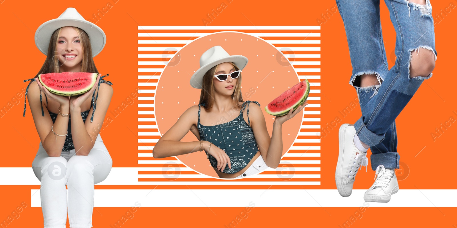 Image of Stylish young woman on color background, banner collage design. Summer days