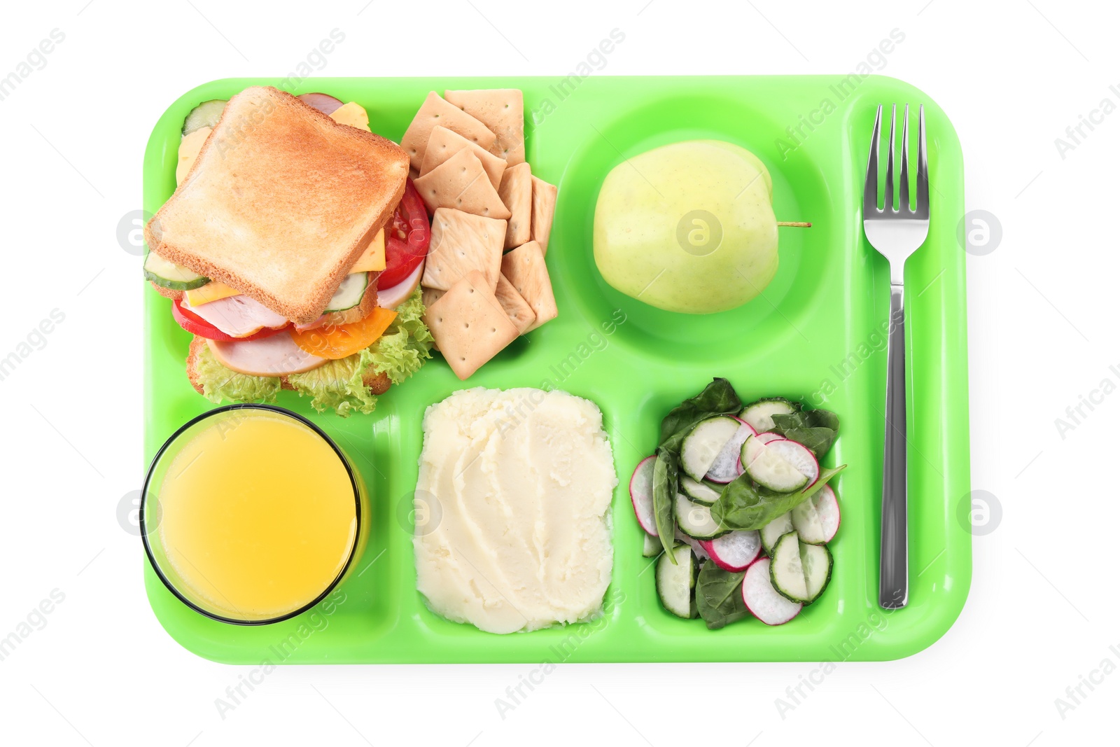 Photo of Serving tray with tasty healthy food and juice isolated on white, top view. School dinner