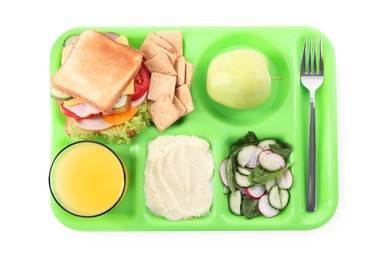 Serving tray with tasty healthy food and juice isolated on white, top view. School dinner