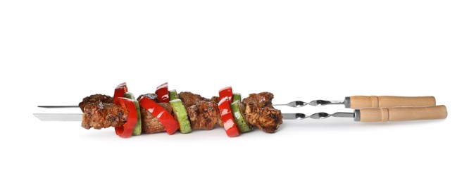 Photo of Metal skewers with delicious meat and vegetables on white background