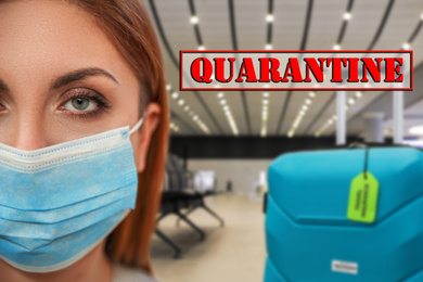Stop travelling during coronavirus quarantine. Woman with medical mask in airport
