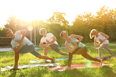 Photo of Grouppeople practicing morning yoga in park