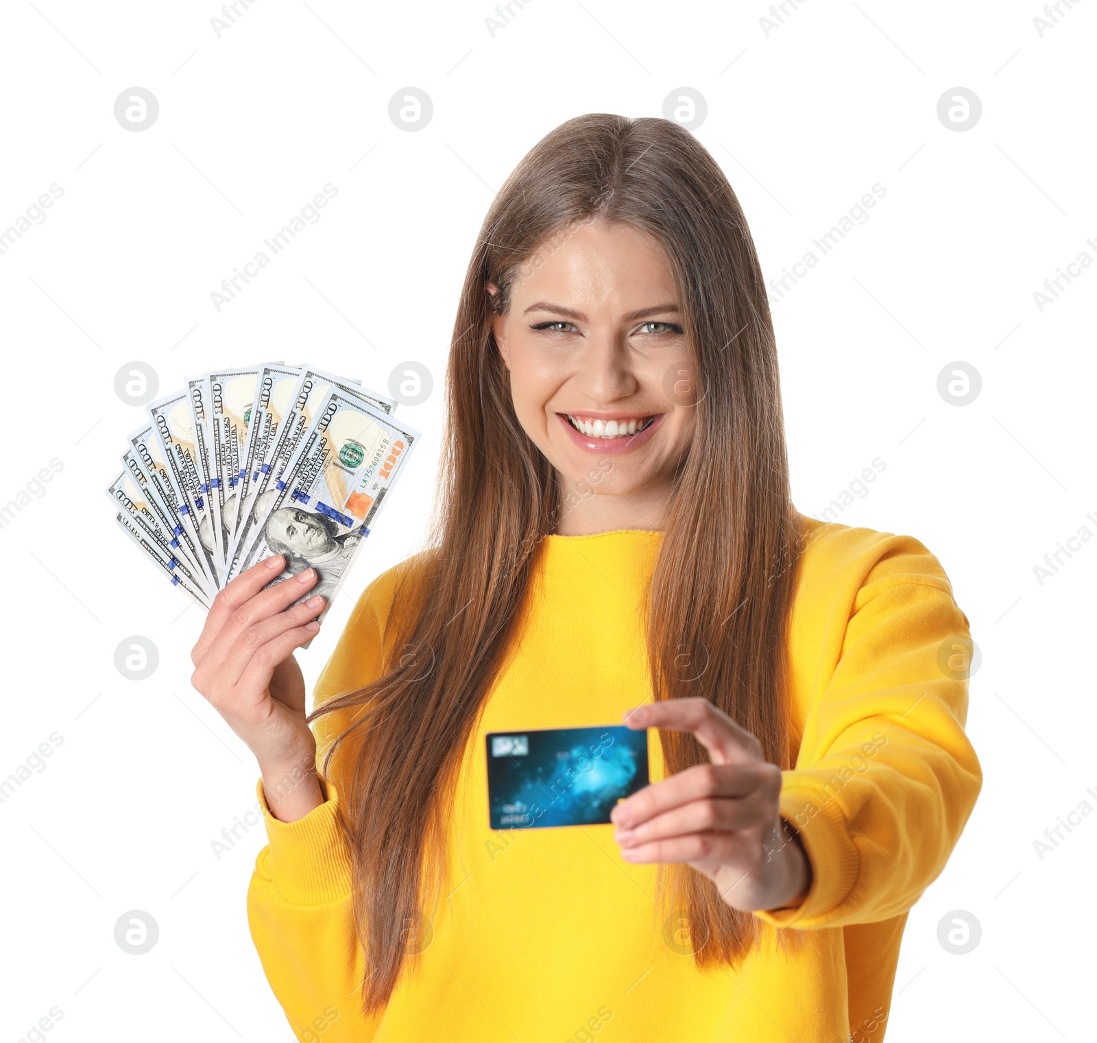 Photo of Portrait of happy young woman with money and credit card on white background