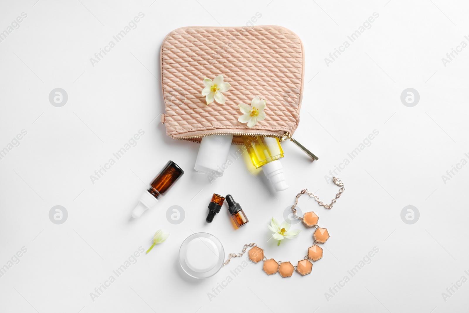 Photo of Flat lay composition with cosmetic products on white background