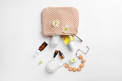 Photo of Flat lay composition with cosmetic products on white background